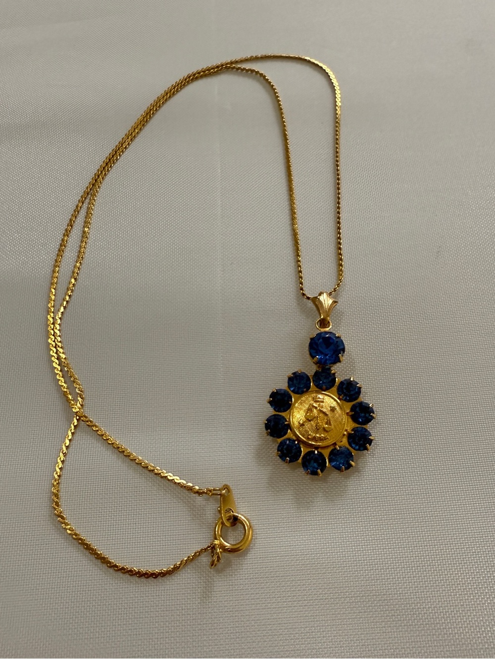 Vintage Zodiac Libra Goldtone and Blue Rhinestone Necklace Marked SIR